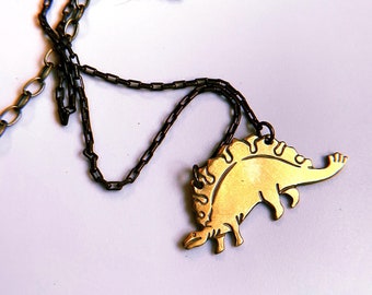 Brass stegosaurus necklace, dinosaur necklace, animal necklace, nature inspired jewelry, paleontology, archeology, science, miss frizzle,