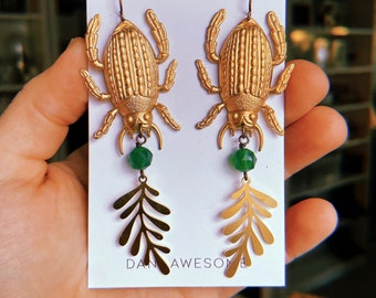 Brass Beetle and Fern Earrings, animal earrings, statement earrings, great gift for girlfriend, witchy jewelry, insect jewelry