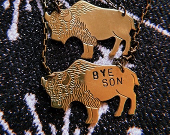 Bison brass necklace, blank bison charm or bison engraved with "bye, son", midwestern necklace, buffalo necklace, animal jewelry,