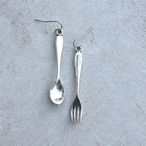 Cute whimsical fork and spoon earrings for women, food themed earrings with hypoallergenic hooks available for casual everyday wear.
