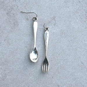 Cute whimsical fork and spoon earrings for women, food themed earrings with hypoallergenic hooks available for casual everyday wear. image 1