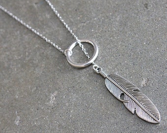 Silver feather lariat necklace, claspless festival necklace for hippie style