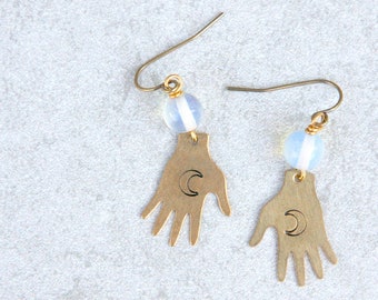 Brass palmistry earrings, witch hand earrings holding a moon, fortune teller earrings, palm reader earrings, mystical earrings