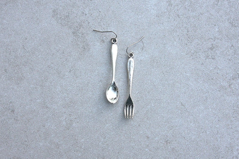 Cute whimsical fork and spoon earrings for women, food themed earrings with hypoallergenic hooks available for casual everyday wear. image 1