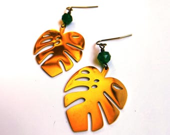 Brass monstera leaf earrings, lightweight earrings, tropical jewelry, summer earrings, everyday earrings