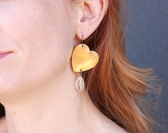 Brass heart earrings with quartz bead, large love earrings, simple earrings for casual wear