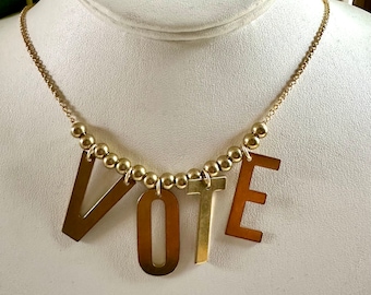 VOTE brass necklace, word jewelry, statement necklaces, fun necklaces, election necklace, 2024 election, gift for advocate