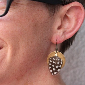 Guinea feather earrings with a brass accent, for when you want feather earrings but also polka dot earrings image 2