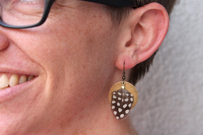 Guinea feather earrings with a brass accent, for when you want feather earrings but also polka dot earrings image 2