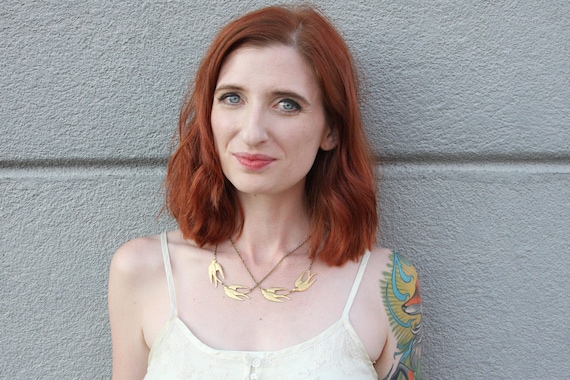 Flying sparrows multi-strand necklace in brass, bird themed unique necklace, gift for her, nature-themed jewelry