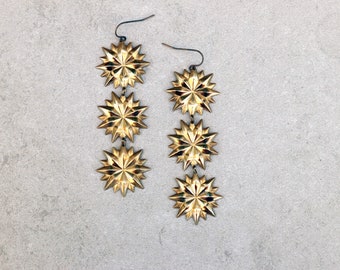 Starburst long earrings, punched brass earrings in a celestial style, light earrings for everyday wear