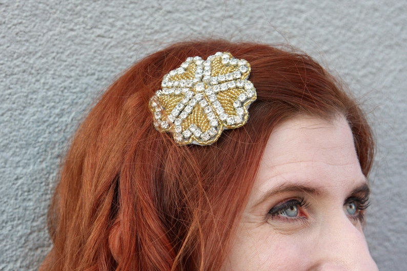 Rhinestone flower barrette in silver and gold finishes image 1