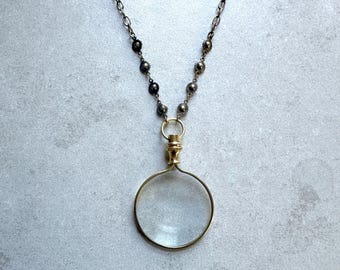 Magnifying glass pendant necklace, monocle necklace, found object jewelry, steampunk jewelry, loupe necklace