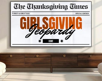 Puede incluir: Un gráfico digital rectangular que presenta el texto The Thanksgiving Times, Turkey & Girls' Talk, Special Edition, GIRLSGIVING, Jeopardy, y un botón negro etiquetado como START con asteriscos a ambos lados, sobre un fondo de papel blanco.