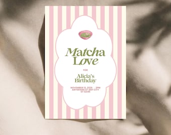 Pink Green Matcha Love Birthday Invitation, Printable Green Tea Party Invite, Matcha Lover Party, Instant Download, Editable Canva Template