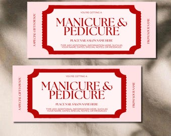 Puede incluir: Dos vales de regalo rectangulares con fondo rosa claro y un borde decorativo rojo intenso. El texto dice: YOU'RE GETTING A MANICURE & PEDICURE, PLACE NAIL SALON NAME HERE, A SPECIAL GIFT FOR YOU y FROM: YOUR NAME, con espacio para notas.