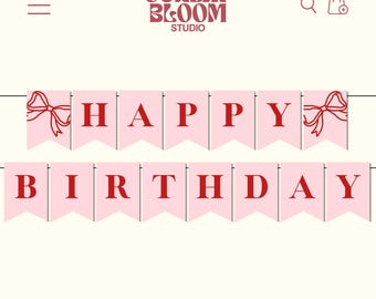 Pink Red Bow Coquette Happy Birthday Banner, Coquette Banner, Coquette Party Banner, Bow Birthday Banner, Ribbon Banner, Download & Print