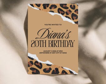 Invitation d'anniversaire à imprimé léopard vieil argent, invitation d'impression de guépard, anniversaire d'impression d'animal, partie de Safari glam, téléchargement immédiat de toile modifiable