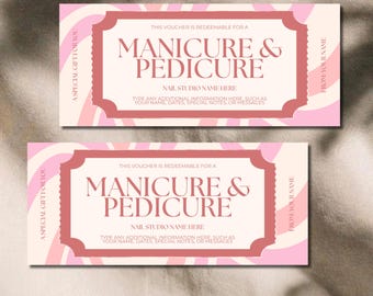 Könnte beinhalten: Zwei rechteckige Geschenkgutscheine mit einem rosa-cremefarbenen Wirbelhintergrund. Der Text lautet: This voucher is redeemable for a Manicure & Pedicure, Nail Studio Name Here, A special gift for you und From: Your Name.