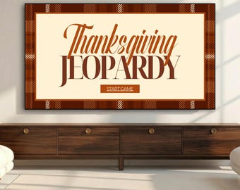 Op de afbeelding: Een rechthoekig digitaal display met een crèmekleurig midden, de bruine tekst Thanksgiving JEOPARDY en een bruine knop met het label START GAME. Het display is omlijst door een bruin en crème ruitpatroon aan alle vier de zijden.