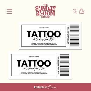 Tattoo Gift Voucher, Tattoo Gift Certificate, Tattoo Coupon Gift Card, Inked Tattoo Gift Ticket, Printable Gift Voucher, Editable in Canva