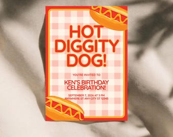 Hot Diggity Dog Birthday Invitation Template, Editable Hotdog Party Invite, Printable BBQ Birthday, Canva Template, Instant Download