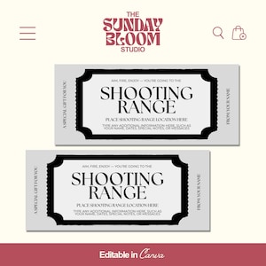 Puede incluir: Dos vales de regalo grises con bordes negros y el texto "Shooting Range". La parte superior de la imagen tiene el texto "The Sunday Bloom Studio". La parte inferior de la imagen tiene el texto "Editable in Canva."