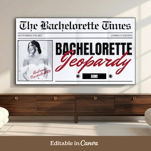 May include: A rectangular digital game board titled The Bachelorette Times, dated 2nd September 2027, Andrea's Edition. It features a black and white photo of a person in a white dress, the text Bachelorette Jeopardy in bold, and a Start button.