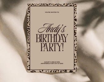 Invitation d'anniversaire à imprimé léopard vieil argent, invitation d'impression de guépard, anniversaire d'impression d'animal, partie de Safari glam, téléchargement immédiat de toile modifiable