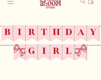 Birthday Girl Coquette Banner, Pink Red Bow Coquette Birthday Girl Banner, Coquette Party, Birthday Banner, Ribbon Banner, Download & Print