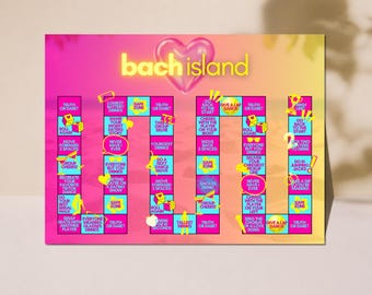 May include: A rectangular board game titled Bach Island with a pink and orange gradient background. The game features a winding path of squares with text instructions, yellow icons, and a central heart graphic. The text Editable in Canva is at the bottom.