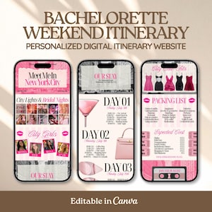 May include: Three smartphones displaying a digital bachelorette weekend itinerary website. The screens feature pink and black text, photos of people, a martini glass, a handbag, a packing list, and a cassette tape graphic. The text includes Meet Me In New York City, City Lights & Bridal Nights, City Girls, Our Stay, Day 01, Day 02, Day 03, Packing List, and Expected Cost.