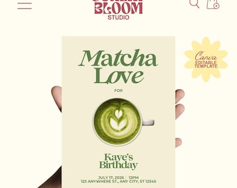 Matcha Love Birthday Invitation Template, Editable Matcha Party Invite, Green Tea Birthday, Canva Template, Printable, Instant Download