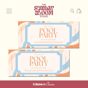 May include: Two rectangular pool party invitations with a light blue border and orange and light blue wave designs. The text "POOL PARTY" is prominently displayed. The invitations are labeled "A SPECIAL GIFT FOR YOU" and "FROM YOUR NAME". The text "Editable in Canva" is at the bottom.