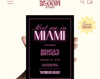 Neon Pink Meet Me In Miami Invitation, Miami Birthday Getaway Invitation, Miami Getaway, Trip to Miami, Birthday Weekend, Editable in Canva
