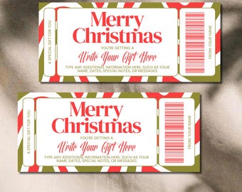 May include: Two rectangular Christmas gift vouchers featuring red and green candy cane striped borders. The text reads Merry Christmas, You're Getting A Write Your Gift Here, A Special Gift For You, and From: Your Name, with a barcode included.