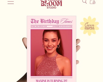 Pink Newspaper Birthday Invitation, Birthday Newspaper Template, Pink Birthday Newspaper, Editable Newspaper Invitation, Editable in Canva