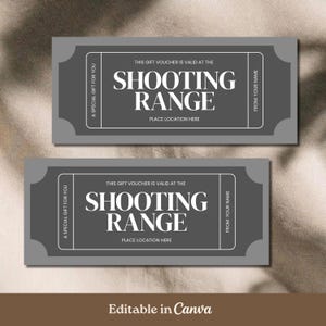 Könnte beinhalten: Zwei rechteckige graue Geschenkgutscheine mit weißem Rand und Text. Die Gutscheine enthalten die Aufschriften "THIS GIFT VOUCHER IS VALID AT THE SHOOTING RANGE," "A SPECIAL GIFT FOR YOU," "FROM: YOUR NAME," und "PLACE LOCATION HERE." Der Text "Editable in Canva" steht darunter.
