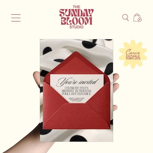 May include: A red invitation envelope with a white card that reads "You're invited". The card announces a birthday celebration with the theme "Timeless Polka Dot Elegance". The background features a black and white polka dot pattern.