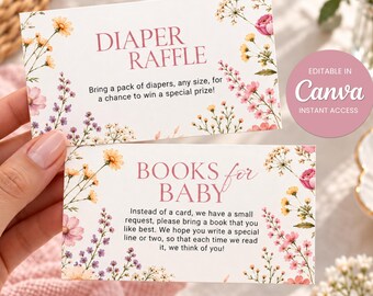 May include: Two rectangular white cards featuring floral illustrations in pink, yellow, and purple. The top card reads DIAPER RAFFLE and the bottom card reads BOOKS FOR BABY with accompanying text. A pink circular badge states EDITABLE IN CANVA.