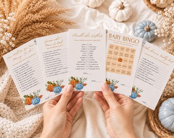 May include: A set of five printed baby shower game cards featuring fall-themed pumpkin illustrations. The cards include titles such as How Well Do You Know Mommy-to-be, Guess Who Mom or Dad, Would She Rather, Baby Bingo, and Who Knows Daddy Best.