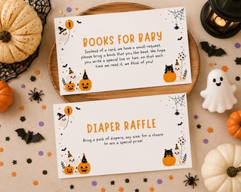 May include: Two rectangular white cards with orange and black Halloween-themed illustrations of ghosts, pumpkins, bats, and spiders. The top card reads BOOKS FOR BABY with a poem, and the bottom card reads DIAPER RAFFLE with instructions.