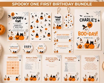 May include: A Spooky One first birthday bundle featuring printed cards, tags, and games with Halloween-themed illustrations of ghosts, pumpkins, and black cats. The set includes invitations, thank you tags, baby shower signs, and activity sheets.