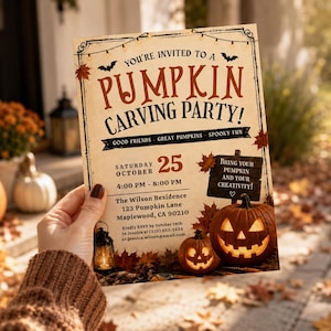 May include: A rectangular invitation card for a pumpkin carving party with a cream background, orange and black text, and illustrations of string lights, bats, autumn leaves, a lantern, and two glowing jack-o'-lanterns on a dark wooden sign.