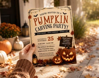 May include: A rectangular invitation card for a pumpkin carving party with a cream background, orange and black text, and illustrations of string lights, bats, autumn leaves, a lantern, and two glowing jack-o'-lanterns on a dark wooden sign.