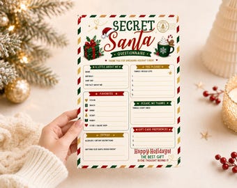 May include: A rectangular Secret Santa questionnaire printed on cream paper with red and green diagonal striped borders. The design features a Santa hat, a gift box, and a mug of cocoa with text including A Little About Me, Favorites, and Extras.
