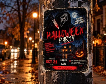 May include: A rectangular Halloween party flyer featuring a hooded figure with a white mask holding a bloody knife, a dark house, and a glowing jack-o'-lantern. The text reads Halloween Party, Calling All Ghouls And Ghosts, Oct 31 2026, 7:00 PM.