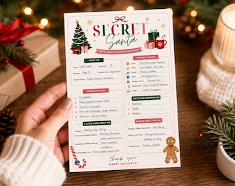 May include: A white Secret Santa questionnaire card featuring red and green holiday graphics including a Christmas tree, gifts, and a gingerbread man. The form includes sections for personal details, favorite things, gift card preferences, and dietary restrictions.