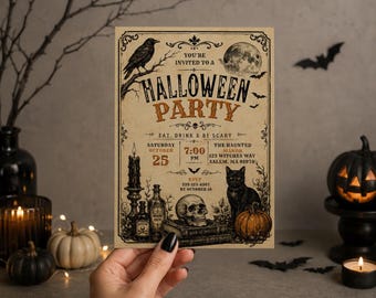 May include: A rectangular Halloween party invitation printed on beige paper with black ink. It features a raven, a full moon, a skull on a book, a black cat, a pumpkin, and potion bottles. The text reads: You're invited to a Halloween party, Eat, drink & be scary, Saturday October 25, 7:00 PM, The Haunted Manor, 123 Witches Way, Salem, MA 01970, RSVP 535-123-4567 by October 18.