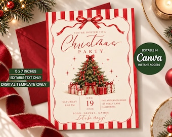 May include: A 5 x 7 inch Christmas party invitation template featuring a red and white striped border, a central illustration of a decorated Christmas tree with gifts, and text including You're Invited to a Christmas Party, Dec 19 2026.
